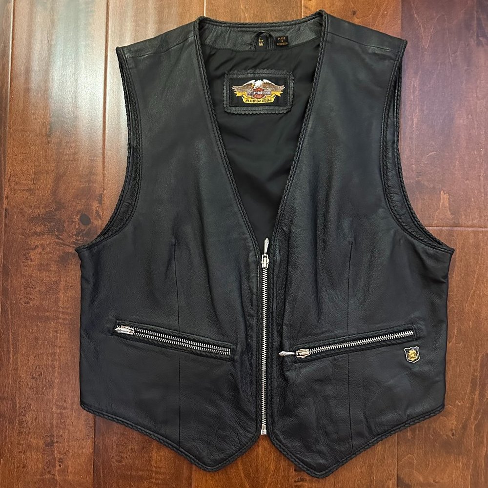 Harley Davidson Women's Leather Vest Size L W Black Motorcycle Vest
